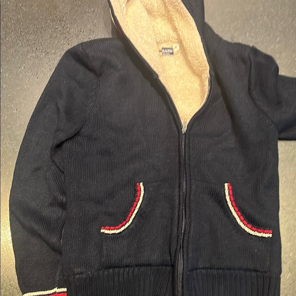 Navy Hooded Jacket with Red and White Trim